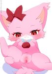  2023 accessory anthro anus artist_name blush bow_ribbon clovergame0 domestic_cat facial_tuft felid feline felis female fur garnet_(jewelpet) genitals hair_accessory hair_bow hair_ribbon hi_res jewelpet jewelry mammal navel necklace persian_cat pink_body pink_fur presenting presenting_pussy pussy red_eyes ribbons sanrio semi-anthro simple_background solo spread_legs spreading white_background 