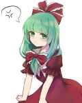  1girl anger_vein bow dress frilled_bow frilled_ribbon frills front_ponytail green_eyes green_hair hair_bow hair_ribbon highres kagiyama_hina n_yurel puffy_short_sleeves puffy_sleeves red_bow red_dress red_ribbon ribbon short_sleeves solo touhou white_background 