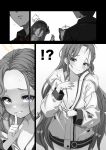  !? 1boy 3girls aris_(blue_archive) blue_archive blue_eyes blush breasts closed_mouth come_hither commentary_request cowboy_shot finger_to_mouth greyscale halo hand_up highres index_finger_raised jacket kouji_(campus_life) long_hair long_sleeves looking_at_viewer momoi_(blue_archive) monochrome multiple_girls naked_jacket no_bra sensei_(blue_archive) shushing small_breasts smile spot_color sweatdrop unzipping yuzu_(blue_archive) 