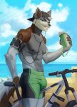  2023 5_fingers ansart anthro backwards_cap bicycle bottomwear canid canine canis clothing cloud cyclist digital_media_(artwork) earbuds fingers fur headphones male mammal moobs sky solo wolf 