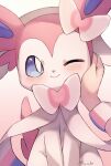  artist_name blue_eyes blush closed_mouth commentary hand_on_another&#039;s_cheek hand_on_another&#039;s_face highres katsukare long_sleeves looking_at_viewer one_eye_closed pastel_colors pink_background pokemon pokemon_(creature) pov smile sylveon twitter_username 