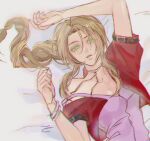  1girl aerith_gainsborough arm_behind_head bangle bed_sheet bracelet braid braided_ponytail breasts brown_hair cleavage dress eni_(yoyogieni) final_fantasy final_fantasy_vii final_fantasy_vii_remake green_eyes hair_between_eyes highres jacket jacket_partially_removed jewelry long_hair looking_at_viewer lying medium_breasts on_back parted_bangs parted_lips pink_dress red_jacket short_sleeves sidelocks single_bare_shoulder solo upper_body 