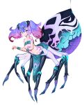  1girl absurdres arachne arthropod_girl body_markings bra extra_eyes green_eyes hanging highres looking_at_viewer monster_girl multicolored_hair original pelvic_curtain sora_sakura spider_girl taur twintails two-tone_hair underwear white_background 