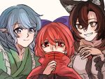  3girls animal_ears brown_eyes brown_hair cloak closed_mouth commentary_request egg_ekaki fins grass_root_youkai_network green_kimono grey_eyes hair_between_eyes head_fins highres imaizumi_kagerou japanese_clothes kimono long_hair multiple_girls red_eyes sekibanki simple_background smile tail touhou upper_body wakasagihime wolf_ears wolf_girl wolf_tail 