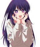  1girl :d commentary grey_sweater hands_on_own_cheeks hands_on_own_face highres hoshino_ai_(oshi_no_ko) kusana_(kusana47454281) long_hair long_sleeves looking_at_viewer multicolored_hair open_mouth oshi_no_ko purple_eyes purple_hair sidelocks simple_background smile solo star-shaped_pupils star_(symbol) streaked_hair sweater symbol-shaped_pupils upper_body white_background 