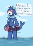  absurd_res anthro blue_body breasts clothing dialogue digital_media_(artwork) embarrassed english_text female floatie generation_7_pokemon genitals hi_res inflatable nintendo nipples notsafeforvee nude open_mouth outside pokemon pokemon_(species) popplio pussy simple_background solo speech_bubble swimwear tail text water 
