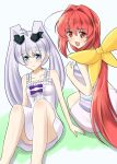  2girls :d absurdres ahoge blue_eyes bow chestnut95 dress grey_hair hair_intakes highres kagami_sumika long_hair looking_at_viewer low_ponytail multicolored_clothes multiple_girls muvluv muvluv_alternative off-shoulder_dress off_shoulder open_mouth ponytail purple_bow red_eyes red_hair skirt smile solo twintails very_long_hair white_dress yashiro_kasumi yellow_bow 