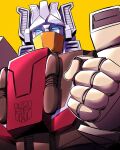  autobot blue_eyes chromedome clenched_hand glowing glowing_eyes highres kouteikoku_rk looking_up mecha no_humans portrait robot solo transformers transformers:_the_headmasters yellow_background 
