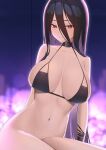  1girl absurdres bare_arms bare_shoulders bikini black_bikini black_choker black_hair blue_archive blurry blurry_background bokeh bottomless breasts choker cleavage depth_of_field hair_between_eyes halterneck hasumi_(blue_archive) highres large_breasts long_hair looking_at_viewer lordol mole mole_under_eye navel parted_lips solo stomach string_bikini swimsuit very_long_hair wristband 