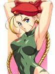  1girl arms_behind_head arms_up blonde_hair blue_eyes braid breasts cammy_white closed_mouth fingerless_gloves gloves green_leotard highres large_breasts leotard looking_at_viewer red_gloves red_headwear sirknightbot solo street_fighter street_fighter_6 twin_braids upper_body 