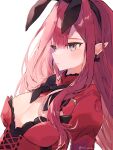  1girl absurdres animal_ears baobhan_sith_(fate) bow bowtie breasts cleavage closed_mouth earrings fake_animal_ears fate/grand_order fate_(series) grey_eyes highres jewelry leotard long_hair long_sleeves neko_(h_i05) playboy_bunny pointy_ears rabbit_ears red_hair red_leotard sidelocks simple_background solo 