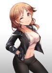  1girl black_bow black_jacket black_pants blush bow breasts brown_eyes brown_hair chiro_(norishiro_michiro) cleavage closed_mouth collarbone cowboy_shot crop_top cropped_shirt from_side gradient_background grey_background hair_bow hand_in_pocket highres idolmaster idolmaster_cinderella_girls idolmaster_cinderella_girls_starlight_stage jacket katagiri_sanae large_breasts long_hair looking_at_viewer low_twintails midriff navel one_eye_closed open_clothes open_jacket pants shirt short_twintails simple_background smile solo twintails white_shirt 