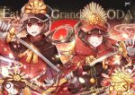  1boy 1girl belt black_cape brother_and_sister cape chain family_crest fate/grand_order fate_(series) fiery_hair gloves grin hand_fan hat hi_(wshw5728) highres holding holding_sword holding_weapon katana low_ponytail medallion military_hat mini_nobu_(fate) oda_nobukatsu_(fate) oda_nobunaga_(fate) oda_nobunaga_(koha-ace) oda_uri open_mouth otoko_no_ko peaked_cap ponytail red_cape red_eyes shako_cap sheath siblings sidelocks smile sword weapon 