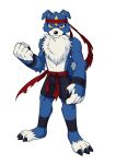  accessory anthro anthrofied bandai_namco blue_body blue_fur canid canine claws digimon digimon_(species) digimong fluffy_chest fur gaomon headband hi_res kj4402 male mammal shirtless simple_background solo white_background yellow_eyes 