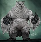  1boy absurdres bara beak belly bird_boy feathers frost_llamzon full_body furry furry_male highres large_hands large_pectorals male_focus muscular muscular_male original owl_boy pectorals short_hair simple_background solo standing talons white_feathers 