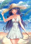  1girl absurdres alternate_costume beach black_hair blue_sky blunt_bangs blush bracelet breasts cloud commentary_request covered_navel cowboy_shot dappled_sunlight day demon_girl demon_horns demon_tail dress hand_on_headwear hat highres horizon horns horns_through_headwear jewelry kojo_anna long_hair looking_at_viewer medium_bangs medium_breasts multicolored_hair nanashi_inc. ocean open_mouth outdoors palm_tree pointy_ears purple_hair robou_no_stone sand sky sleeveless sleeveless_dress smile solo straw_hat sun_hat sunlight tail tree twintails two-tone_hair virtual_youtuber water white_dress yellow_eyes 