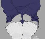 anthro blue_clothing bodily_fluids canid canine canis clothing fur genital_fluids grey_body grey_fur grip lasseter_(rasetaa) leaking_precum legwear male mammal precum pulling_clothing rasetaa solo thick_thighs thigh_highs watermark wolf 