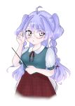  1girl :o alternate_costume amiya_aranha amiya_aranha_(artist) blue_shirt blush braid breasts collared_shirt english_commentary glasses highres holding holding_pointer indie_virtual_youtuber long_hair looking_to_the_side medium_breasts plaid plaid_skirt pointer purple_eyes purple_hair red_skirt round_eyewear shirt shirt_tucked_in side_braids simple_background skirt solo two_side_up unmoving_pattern very_long_hair virtual_youtuber white_background 