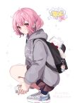  1girl backpack bag bare_legs brown_skirt grey_hoodie hair_between_eyes highres holding holding_phone hood hoodie intkrgr_anm long_sleeves niconico nqrse phone pink_eyes pink_hair shoes short_hair skirt sneakers solo stuffed_animal stuffed_cat stuffed_toy utaite 