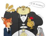  2017 academy_awards anthro award benjamin_clawhauser black_tie_(suit) bow_tie button_(fastener) canid canine cheetah claws clothing dialogue disney dress_shirt fangs felid feline female fox fur group half-closed_eyes hand_fan holding_object holding_statue jewelry juano judy_hopps lagomorph leporid looking_away looking_up male mammal microphone microphone_stand mouth_closed narrowed_eyes necklace necktie nick_wilde obese obese_anthro obese_male open_mouth oscar_statuette overweight overweight_anthro overweight_male rabbit shirt signature simple_background speech_bubble spots spotted_body spotted_fur straining_buttons suit teeth text tongue topwear trio white_background zootopia 