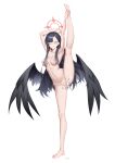  1girl absurdres alenx_kevin asymmetrical_bangs barefoot black_hair black_wings blue_archive blue_eyes blush breasts commentary_request completely_nude cropped_shirt cum cum_in_pussy cumdrip flexible full_body hair_ornament hairclip hand_on_own_foot highres ichika_(blue_archive) leg_lift long_hair looking_at_viewer low_wings medium_breasts navel nipples nude parted_lips pussy smile solo split standing standing_on_one_leg standing_split tally uncensored underboob variant_set wings 