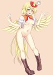  1girl ? akasaka_sato animal animal_on_head bird bird_on_head bird_tail bird_wings blonde_hair blush boots breasts brown_background brown_footwear chick full_body hair_between_eyes multicolored_hair navel nipples niwatari_kutaka on_head open_mouth pussy red_eyes red_hair short_hair simple_background small_breasts solo spoken_question_mark tail touhou two-tone_hair wings yellow_wings 