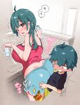  1boy 1girl age_difference ahoge ass black_shirt blue_shorts blush breasts camisole chips_(food) cup dropping food food_in_mouth full-face_blush glass green_hair green_shorts holding holding_cup kitchen large_breasts long_hair morishima_kon motion_lines onee-shota open_mouth original pink_camisole red_eyes shirt short_hair shorts side_ponytail speech_bubble sweat translation_request twitter_username 