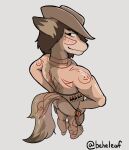  anthro beheleaf bullet butt canid canine clothing cowboy cowboy_hat digital_media_(artwork) fur gun hair hat headgear headwear hi_res male mammal nude ranged_weapon simple_background smile solo weapon 