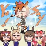  5girls admire_vega_(umamusume) agnes_digital_(umamusume) ahoge animal_ears bare_shoulders beach blonde_hair bondage_outfit bow breasts brown_eyes brown_hair cleavage closed_eyes collarbone commentary commission competition_school_swimsuit cosplay crown deformed dual_wielding ear_bow ear_covers ear_ornament ear_piercing ear_ribbon glowing glowstick grey_eyes hair_between_eyes hair_bow hair_flaps hairband hand_on_own_chest holding holding_glowstick horse_ears horse_girl horse_tail hot_limit jitome light_rays long_hair low_ponytail medium_hair meisho_doto_(umamusume) mini_crown multiple_girls music narita_top_road_(umamusume) nishikawa_takanori nishikawa_takanori_(cosplay) open_mouth orange_eyes orange_hair outdoors outline outstretched_hand own_hands_together parted_bangs piercing pink_hair pink_hairband pixiv_commission purple_eyes red_bow sakai_waka school_swimsuit singing single_ear_cover sparkle sunlight sweatdrop swimsuit t.m._opera_o_(umamusume) t.m.revolution tail tilted_headwear two-tone_eyes two_side_up umamusume unamused white_bow white_hair 