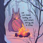  animal_focus artist_name bare_tree blanket campfire closed_eyes commentary dragon english_commentary english_text fire no_humans original outdoors plaid_blanket snow thelatestkate tree 