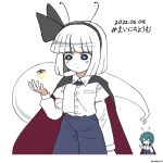  2girls antennae black_cape black_eyes black_hairband blue_pants bright_pupils bug cape commentary cosplay dated firefly ghost green_hair hairband highres hoshii_1213 konpaku_youmu konpaku_youmu_(ghost) multiple_girls pants shirt short_hair simple_background solo_focus touhou twitter_username white_background white_hair white_pupils white_shirt wriggle_nightbug wriggle_nightbug_(cosplay) 