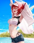  1girl arknights armpits arms_up beach bikini blue_shorts blue_sky breasts cleavage cloud day denim denim_shorts detached_wings energy_wings exusiai_(arknights) halo highres medium_breasts navel ocean open_mouth outdoors palm_tree red_eyes red_hair sand short_hair short_shorts shorts side-tie_bikini_bottom sky smile solo sonna_watashi standing stomach swimsuit tree visor_cap white_bikini wings 