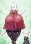  2b-ge anthro arthropod big_breasts blush breasts clothing dress duo eyelashes female green_body green_skin hi_res hollow_knight horn hornet_(hollow_knight) huge_breasts hyper hyper_breasts male red_clothing red_dress standing team_cherry the_knight_(hollow_knight) weapon_on_back white_horn 