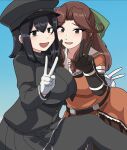  2girls akitsu_maru_(kancolle) black_gloves black_headwear blurry blurry_background bow breasts brown_eyes brown_hair double_v dress elbow_gloves gloves hair_bow hair_intakes hat highres jintsuu_(kancolle) k_(shiganai_shakaijin) kantai_collection military_hat military_uniform miniskirt multiple_girls orange_dress peaked_cap sailor_collar school_uniform serafuku skirt smile uniform v white_gloves 