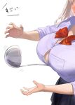  1girl between_breasts bow bowtie bra breasts brown_hair button_gap commentary_request fingernails kaisen_chuui ladle large_breasts medium_hair open_mouth original red_bow red_bowtie school_uniform shirt simple_background solo translation_request underwear white_background white_bra white_shirt 
