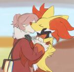  2023 ambiguous_gender anthro biped blurred_background clothing delphox duo eyes_closed french_kissing generation_6_pokemon human inner_ear_fluff kissing mammal nintendo orange_body pokemon pokemon_(species) sealer4258 tuft white_body yellow_body 