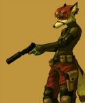 2013 anthro belt biped bottomwear breasts canid canine clothed clothing female fox fully_clothed gun hair holding_gun holding_object holding_weapon mammal pants ranged_weapon red_hair shirt silencer solo standing thekyleishere topwear weapon 
