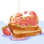  absurdres animal_focus artist_name dripping food food_focus fruit heart highres namocchi no_humans original pink_cat simple_background sparkle spoken_heart strawberry toast whipped_cream 