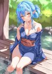  1girl absurdres ahoge blue_dress blue_hair blurry blurry_background blush breasts cleavage collarbone day dress elf heart heart_ahoge highres hololive japanese_clothes kimono large_breasts looking_at_viewer obi oniku_(o29sukizero) outdoors parted_lips pointy_ears sash short_ponytail side_slit single_bare_shoulder sitting soaking_feet solo thighs virtual_youtuber water wide_sleeves yellow_eyes yukata yukihana_lamy 