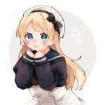  1girl amot_211 blonde_hair blue_eyes blue_sailor_collar blush dress hat heart highres jervis_(kancolle) kantai_collection long_hair long_sleeves open_mouth sailor_collar sailor_dress sailor_hat smile solo twitter_username upper_body watermark white_dress white_headwear 