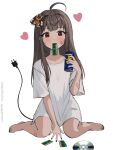  1girl ahoge animal_on_head artist_name bandaid bandaid_on_arm bandaid_on_cheek bandaid_on_face bandaid_on_leg barefoot between_legs blush brown_hair bug cable cable_tail can cd drink ear_piercing electric_plug full_body hand_between_legs hand_up heart highres holding holding_can holding_drink long_hair looking_at_viewer mechanical_tail moth mouth_hold on_head original oversized_clothes oversized_shirt piercing ram_(computer) red_eyes shirt short_sleeves simple_background sitting solo straight_hair t-shirt tail tail_raised vickie_(cryingrobot) vickie_(cryingrobot)_(character) wariza wd-40 white_background white_shirt 