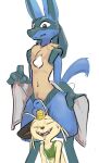  animal_genitalia anthro balls blue_body blue_fur bodily_fluids chest_spike clothing crop_top drooling duo eyes_closed fully_sheathed fur generation_1_pokemon generation_4_pokemon genitals interspecies lucario male male/male meowth mindkog nintendo nude pokemon pokemon_(species) saliva sheath shirt sitting_on_head spikes spikes_(anatomy) topwear whiskers 
