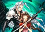  1boy 1girl aerith_gainsborough antenna_hair bangle black_feathers black_gloves black_jacket black_wings bracelet braid braided_ponytail brown_hair chest_strap choker closed_eyes collarbone cropped_jacket dated dress falling_feathers feathered_wings feathers final_fantasy final_fantasy_vii gloves grey_hair hair_ribbon holding holding_sword holding_weapon jacket jewelry kay-i lifestream long_hair long_sleeves masamune_(ff7) own_hands_clasped own_hands_together parted_bangs parted_lips pink_dress pink_ribbon puffy_short_sleeves puffy_sleeves red_jacket retro_artstyle ribbon ribbon_choker sephiroth short_sleeves sidelocks single_braid single_wing sword twitter_username upper_body wavy_hair weapon wings 