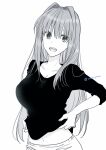  10131310 1girl aozaki_aoko artist_name black_shirt breasts commentary_request hair_intakes large_breasts long_hair mahou_tsukai_no_yoru monochrome open_mouth shirt solo upper_body white_background 