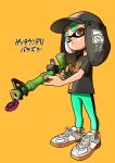  1boy bamboozler_14_(splatoon) black_headwear black_shirt commentary_request green_hair green_leggings gun hat highres holding holding_gun holding_weapon inkling inkling_boy leggings red_eyes shirt shoes short_hair simple_background solo splatoon_(series) splatoon_3 weapon white_footwear xdies_ds yellow_background 