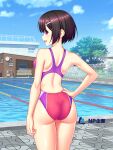  1girl bench black_hair blue_sky building cloud commentary_request competition_swimsuit cowboy_shot day fence from_behind hair_ornament hairclip hand_on_own_hip kuri_(kurigohan) lane_line multicolored_clothes multicolored_swimsuit one-piece_swimsuit original outdoors pool purple_one-piece_swimsuit red_eyes second-party_source short_hair sky smile solo swimsuit 