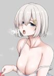  1girl absurdres blue_eyes breasts breath cleavage condom condom_wrapper grey_background grey_hair hair_between_eyes hair_ornament hair_over_one_eye hairclip hamakaze_(kancolle) highres holding holding_condom jiangyou_dang kantai_collection large_breasts looking_at_viewer off_shoulder saliva short_hair simple_background solo spaghetti_strap sweat upper_body 