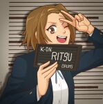  1girl ;d absurdres barbie_mugshot_(meme) blazer blue_jacket blue_ribbon brown_eyes brown_hair character_name collared_shirt commentary copyright_name english_commentary forehead hairband highres holding holding_sign jacket k-on! long_sleeves looking_at_viewer meme mugshot neck_ribbon one_eye_closed open_mouth ribbon sakuragaoka_high_school_uniform school_uniform shirt short_hair sign smile solo tainaka_ritsu teeth upper_body upper_teeth_only v white_shirt winter_uniform yellow_hairband yellow_nicky 