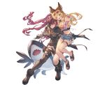  2girls animal_ears asymmetrical_legwear bandaged_arm bandages belt_pouch blonde_hair carrying erune granblue_fantasy knife long_hair mari_(granblue_fantasy) meg_(granblue_fantasy) multiple_girls official_art ponytail pouch red_hair shark sunglasses uneven_legwear 