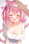  1girl 1other ^_^ animal_ear_fluff animal_ears blurry blurry_background blush breasts cat_ears cat_girl cat_tail cleavage closed_eyes collarbone commentary_request commission fang hamico happy headpat heart highres huge_breasts long_hair off-shoulder_shirt off_shoulder open_mouth original pink_hair pink_tail raised_eyebrows shirt short_sleeves simple_background single_bare_shoulder single_off_shoulder skeb_commission skin_fang smile solo_focus tail two_side_up white_background white_shirt 